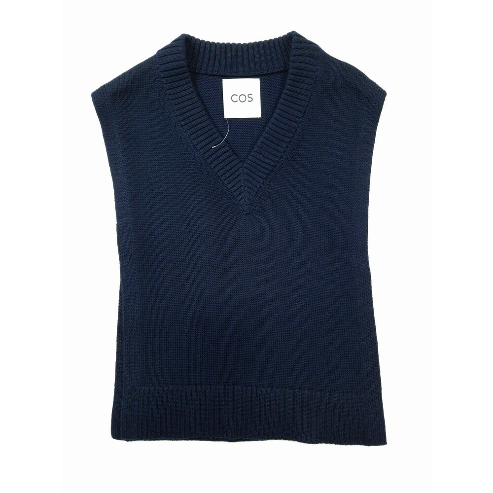 COS Open Side V Neck Sweater Vest OS Navy Blue Boxy Fit Chunky Knit Preppy NEW